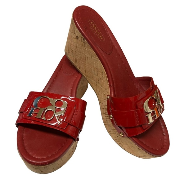 Coach Jen Patent Leather Wedge Slides Red 8.5 - Picture 3 of 9